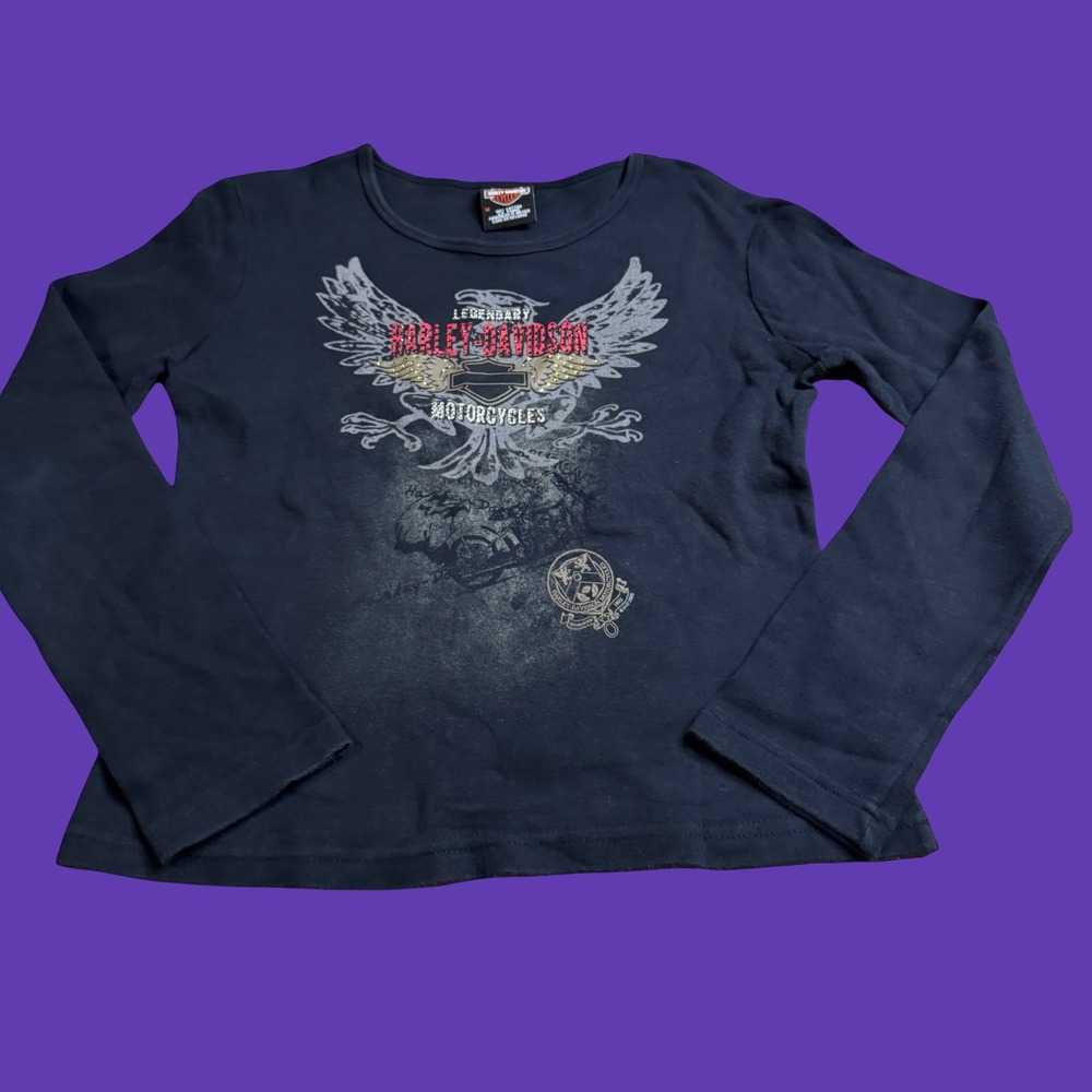 Harley Davidson Women's Long Sleeve M Rhinestone Eagle Biker USA Salina KS Y2K